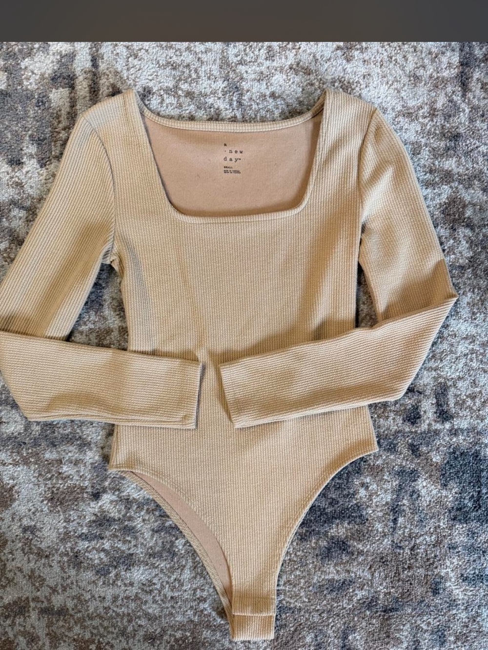 a new day Ribbed Long Sleeve One-Piece Bodysuit in Beige